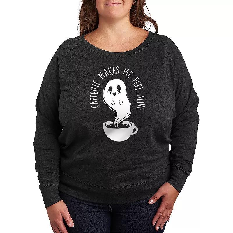 Plus Size Caffeine Makes Me Feel Alive Ghost Lightweight French Terry Sweatshirt, Womens Grey Blue Product Image