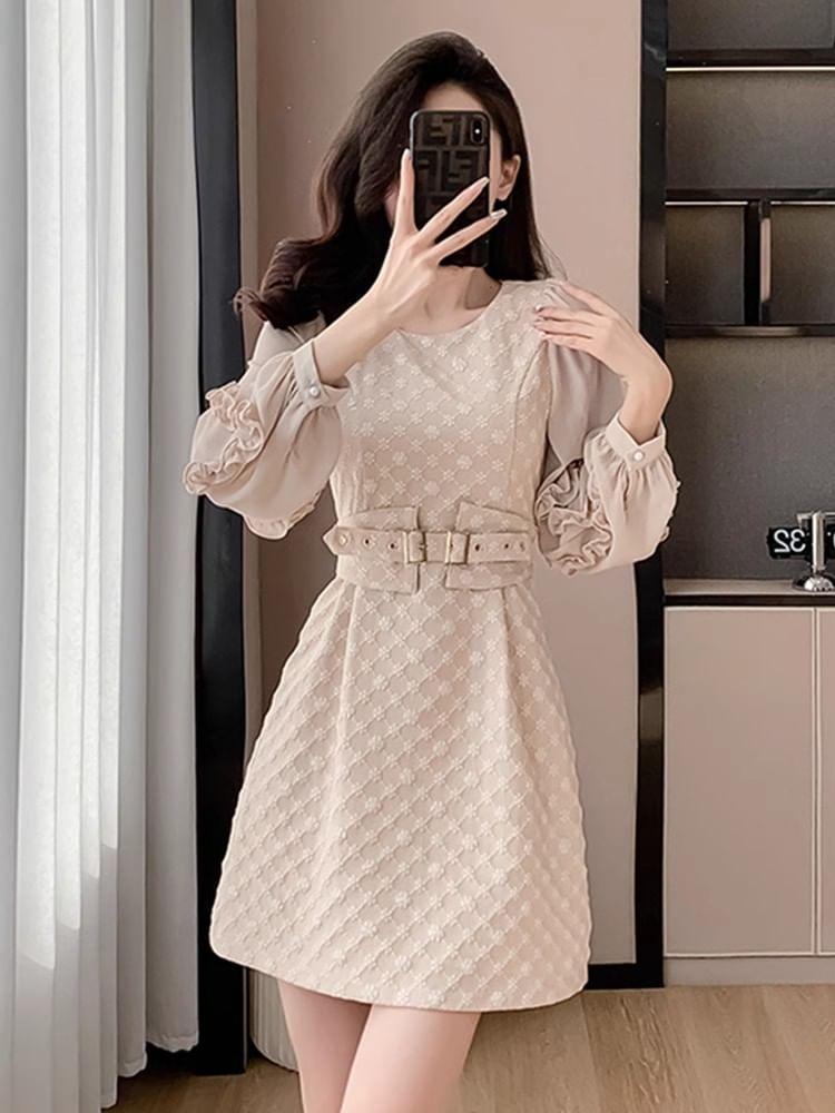 Long-Sleeve Round Neck Floral Mini A-Line Dress Product Image