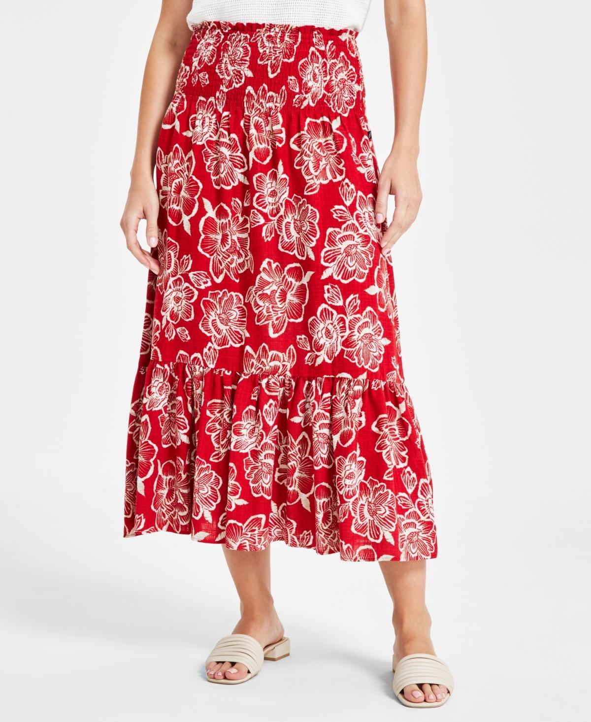 Nautica Jeans Womens Floral Smocked-Waist Midi Skirt Product Image