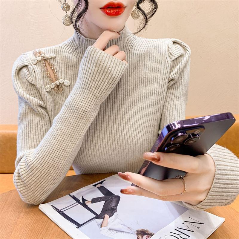 Mock Neck Beaded Cutout Frog Closure Ribbed Sweater Product Image