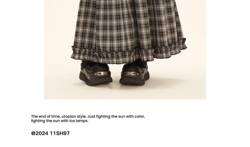 High Rise Ruffle Trim Plaid A-Line Maxi Skirt Product Image