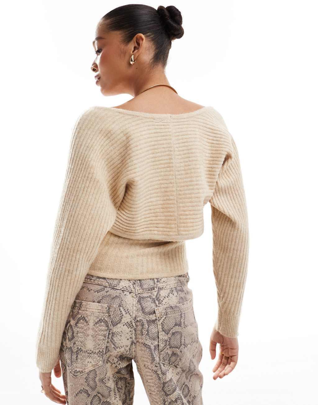 Pieces relaxed knit bolero in cream melange - part of a set Product Image