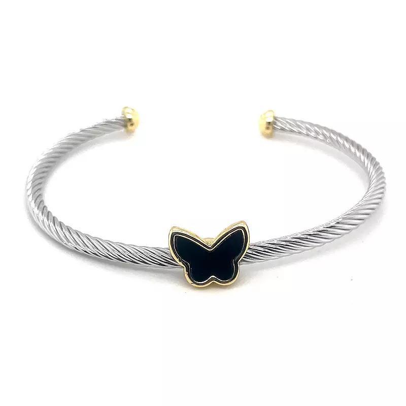 Juvell Two Tone 18k Gold Plated Lab-Created Onyx Butterfly Cuff Bracelet, Womens Product Image