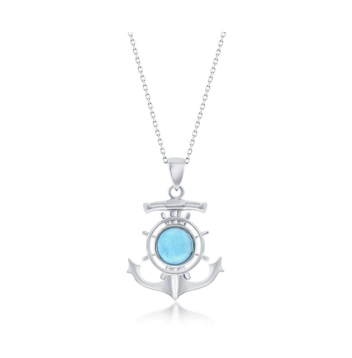 Sterling Silver Round Larimar Anchor Ship Wheel Necklace Product Image