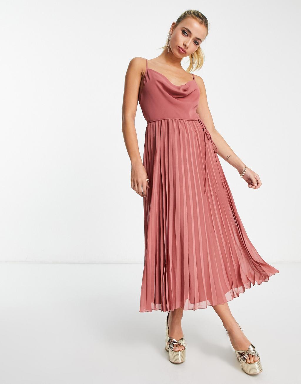 ASOS DESIGN cowl neck strappy pleated midi dress with tie waist in rose pink Product Image