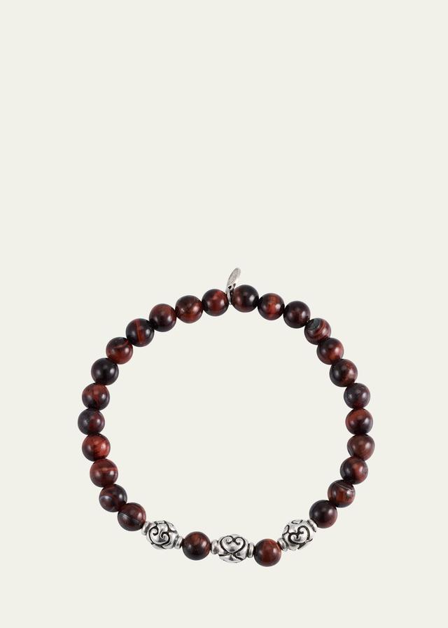 Mens Red Tigers Eye Beaded Bracelet with Sterling Silver Product Image