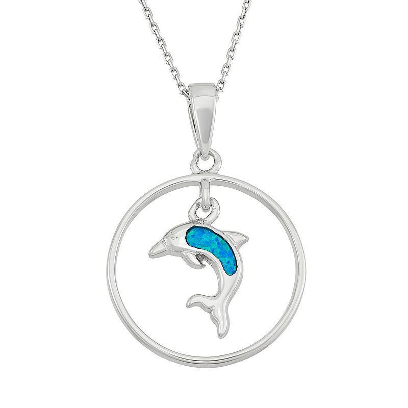 Lab-Created Blue Opal Sterling Silver Dolphin Circle Pendant Necklace, Womens Product Image