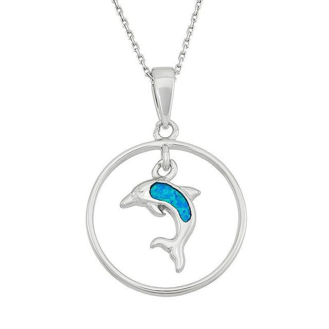 Lab-Created Blue Opal Sterling Silver Dolphin Circle Pendant Necklace, Womens Product Image