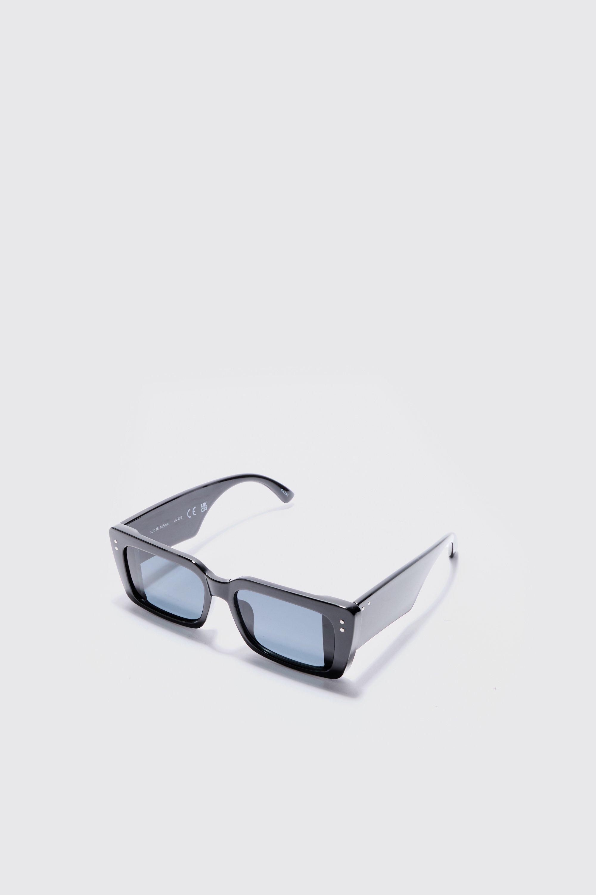 Rectangular Plastic Sunglasses In Black | boohooMAN USA Product Image