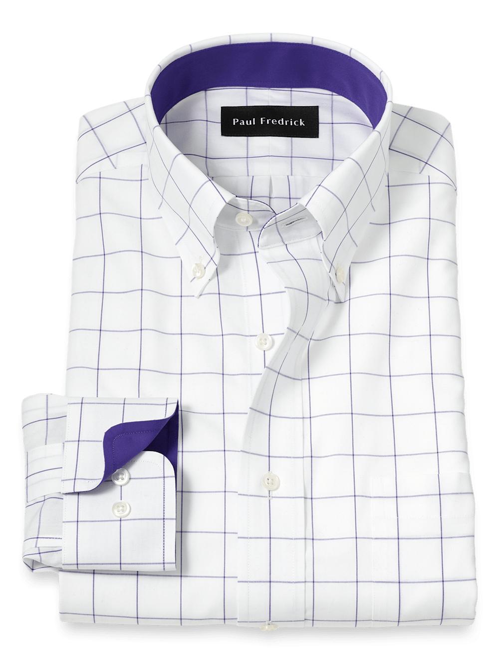 Non-Iron Cotton Windowpane Dress Shirt With Contrast Trim - Purple Product Image