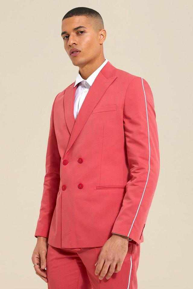 Double Breasted Slim Piping Suit Jacket | boohooMAN USA Product Image