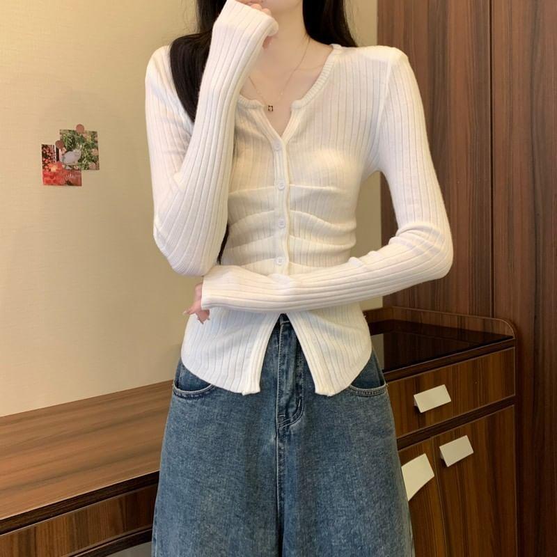 Long-Sleeve Notch Neck Plain Ribbed Button Knit Top Product Image