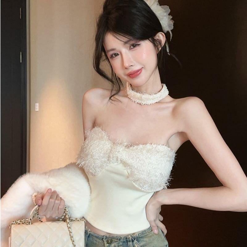 Strapless Bow Front Plain Crop Top Product Image