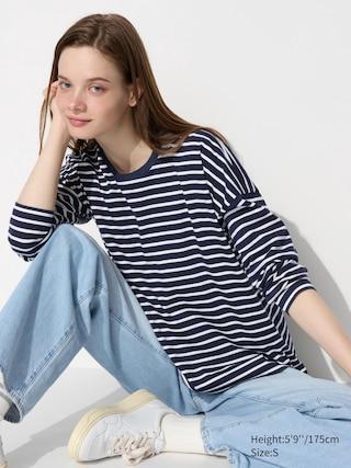 Womens Smooth Cotton Oversized T-Shirt Striped Navy Small UNIQLO US Product Image