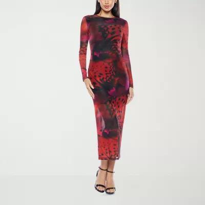 Premier Amour Womens Long Sleeve Animal Midi Sheath Dress Product Image