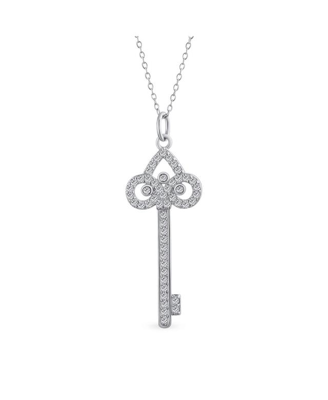 Bling Jewelry Pave Cubic Zirconia Cz Fleur De Lis Key Shape Pendant Necklace For Women .925 Sterling Silver Product Image