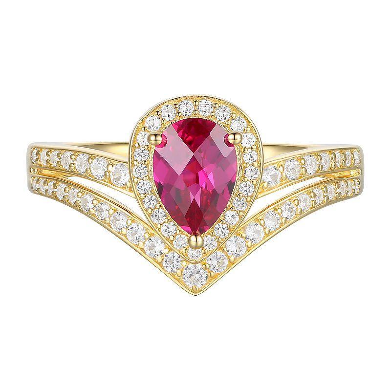 14k Gold Over Silver Lab-Created Ruby Teardrop & Lab-Created White Sapphire Chevron Ring, Womens Gold Tone Product Image