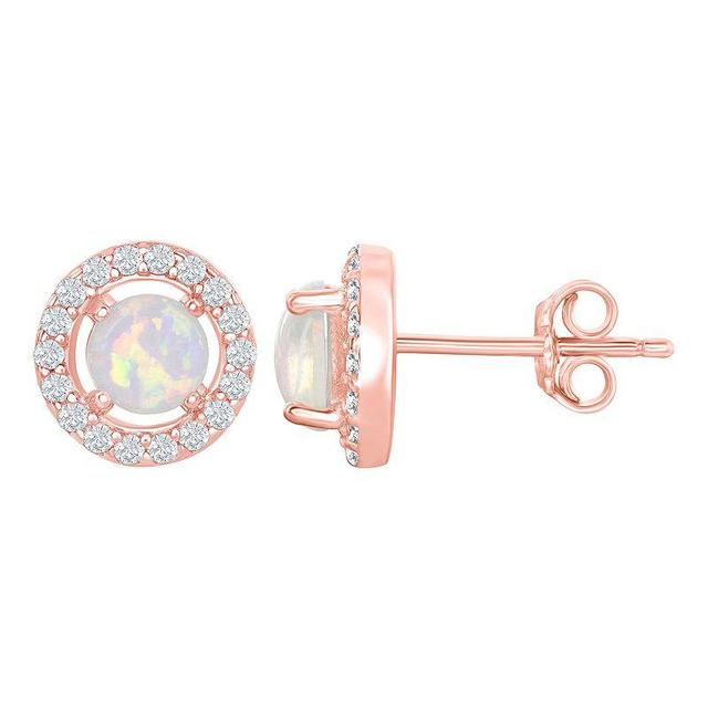 Sterling Silver White Opal Cubic Zirconia Halo Round Stud Earrings, Womens, Pink Tone Product Image