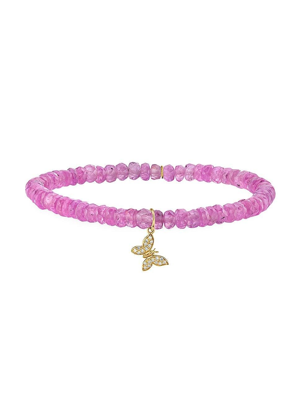 Womens 14K Yellow Gold, Pink Sapphire & 0.05 TCW Diamond Beaded Butterfly Stretch Bracelet Product Image