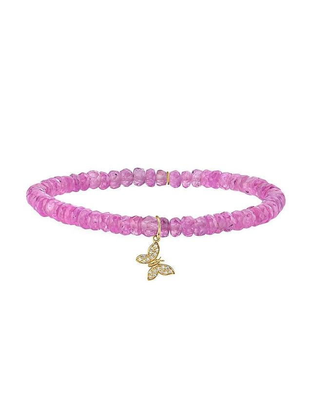 Womens 14K Yellow Gold, Pink Sapphire & 0.05 TCW Diamond Beaded Butterfly Stretch Bracelet Product Image