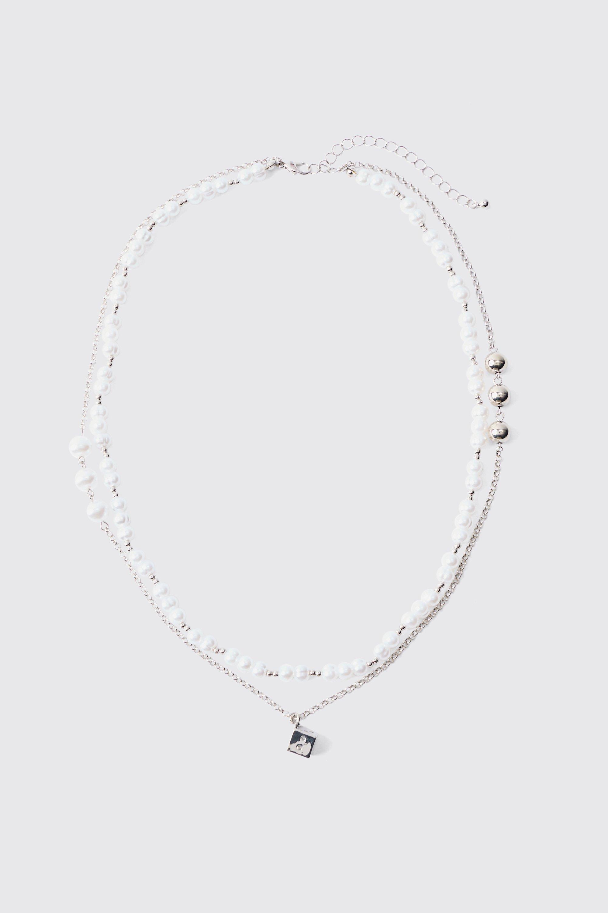 Pearl Chain And Dice Pendant Multi Layer Necklace | boohooMAN USA Product Image