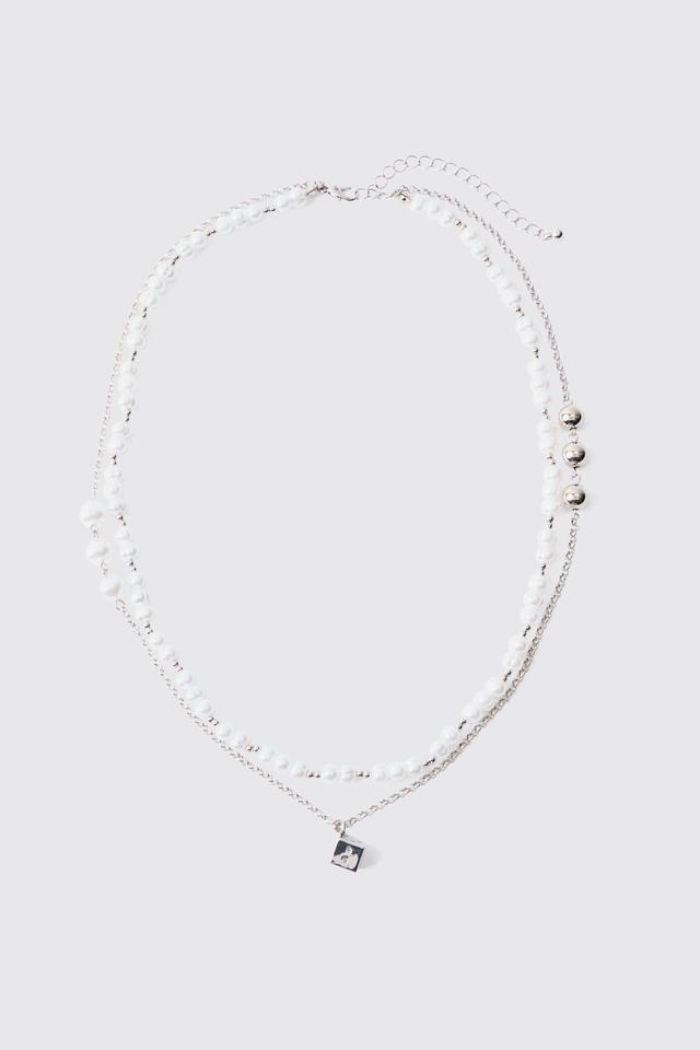 Pearl Chain And Dice Pendant Multi Layer Necklace | boohooMAN USA Product Image