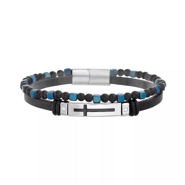 slate Mens Leather, Blue Plated Hematite Bead & Black Glass Bead Double Row Cross ID Plate Bracelet Silver Tone Product Image