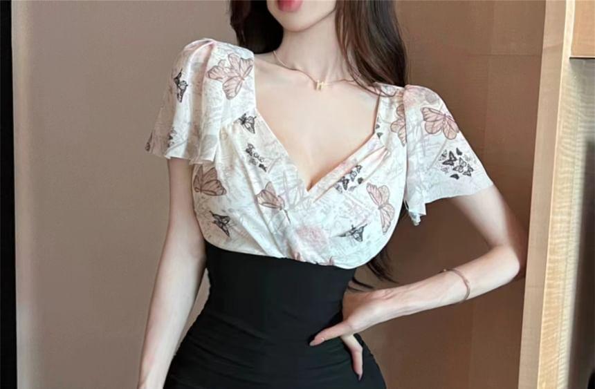 Short-Sleeve V-Neck Wrap Mock Two Piece Mini Sheath Dress Product Image