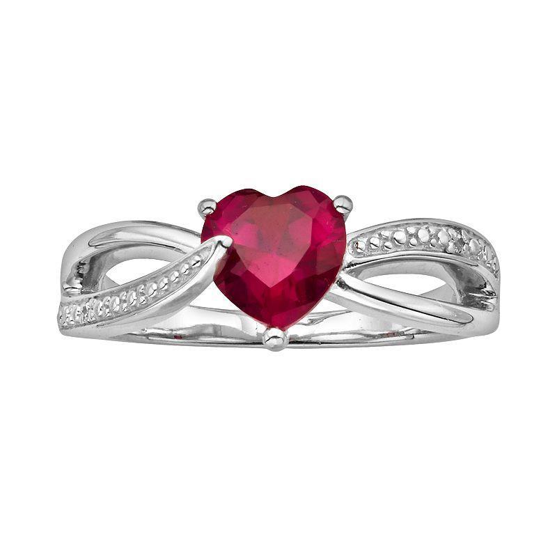 Sterling Silver Lab-Created Ruby and Diamond Accent Heart Bypass Ring, Womens Red Product Image