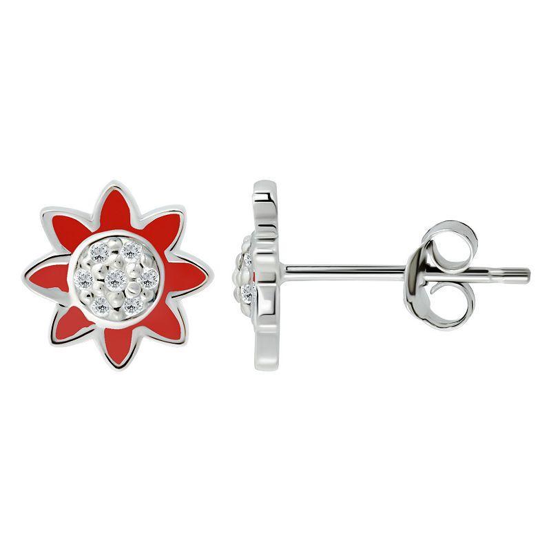 Aleure Precioso Sterling Silver Enamel & Cubic Zirconia Flower Stud Earrings, Womens, Red Product Image