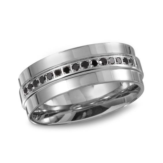 Men's 1/6 CT. T.w. Black Diamond Stepped Edge Wedding Band in Stainless Steel Product Image