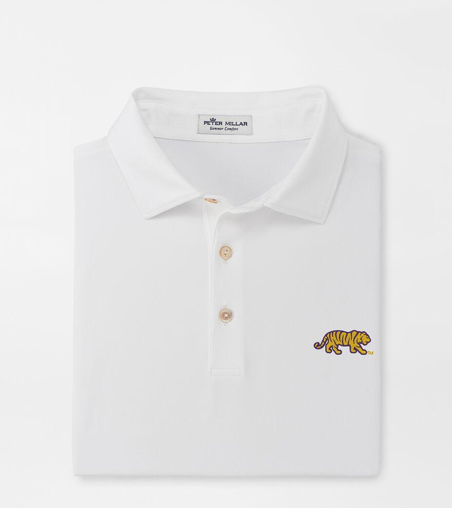 Peter Millar Mens LSU Mike the Tiger Solid Performance Jersey Polo (Sean Self Collar) | Color: White | Size: M Product Image