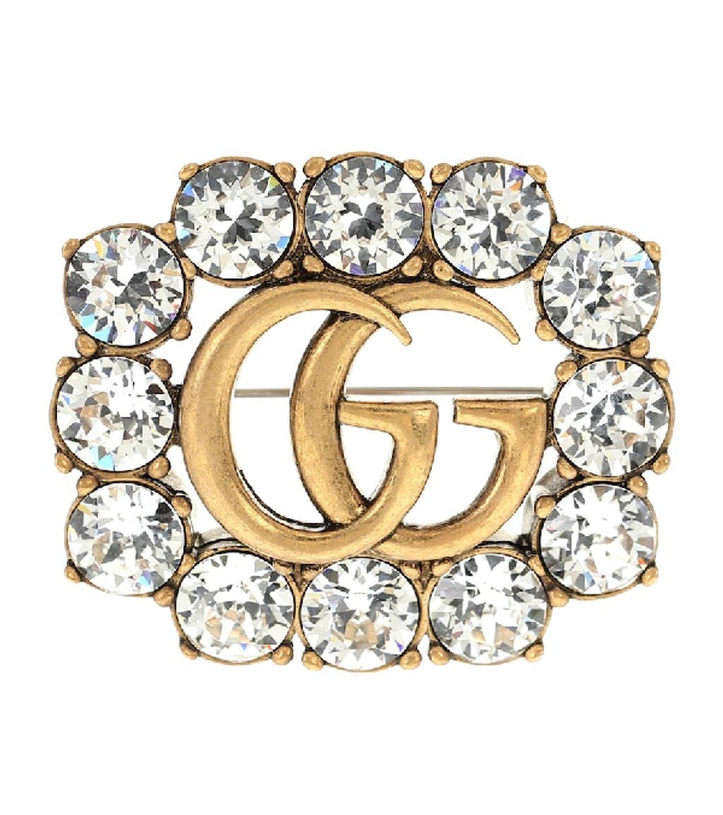 GUCCI Metal Double G Brooch With Crystals In Gold Product Image