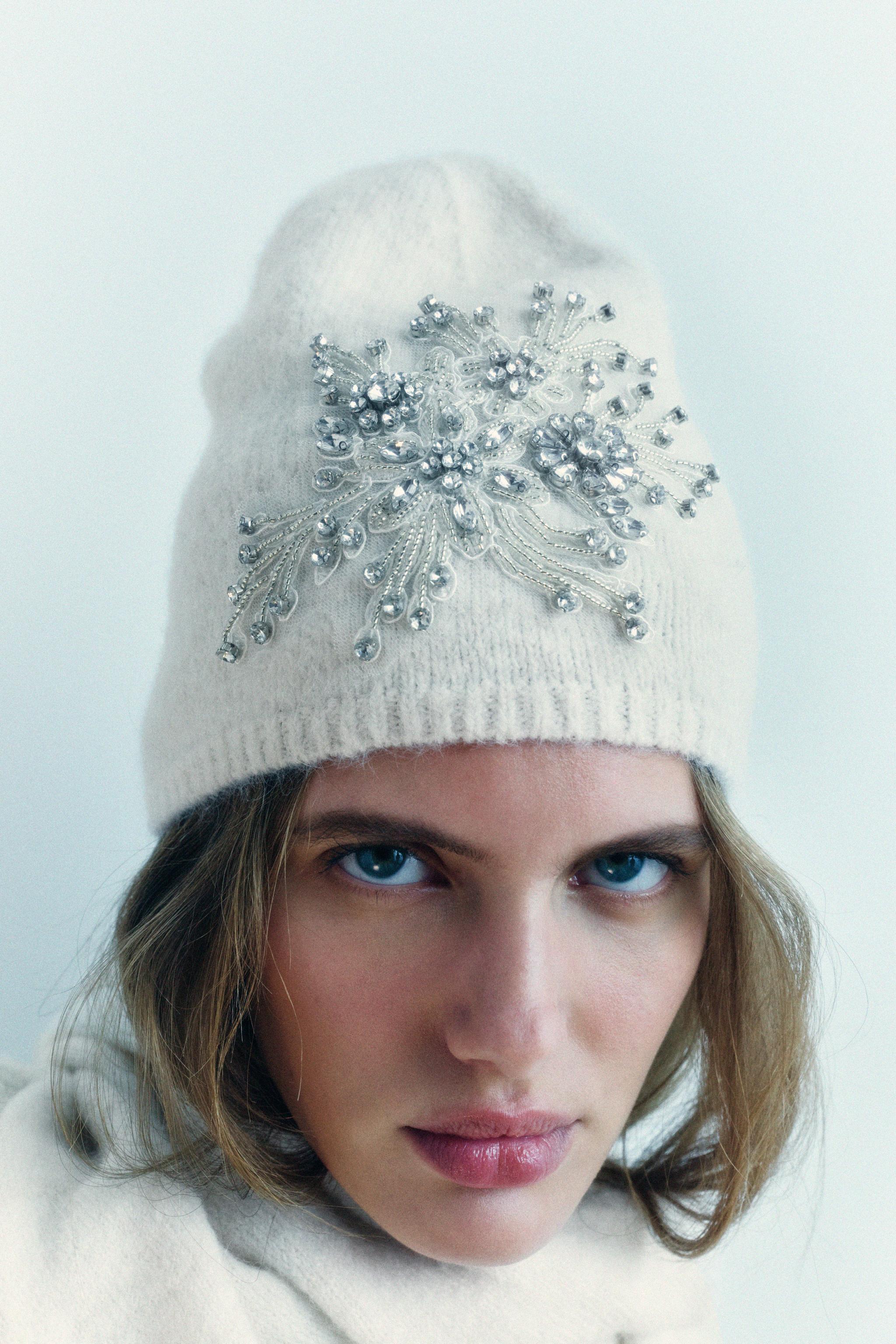 EMBROIDERED BEADED KNIT BEANIE Product Image