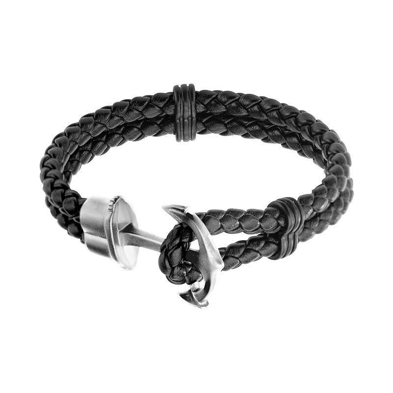 Mens Braided Leather & Stainless Steel Anchor Bracelet Black Product Image