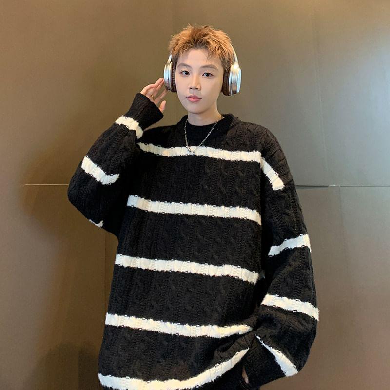 Crew Neck Striped Cable Knit Sweater product image