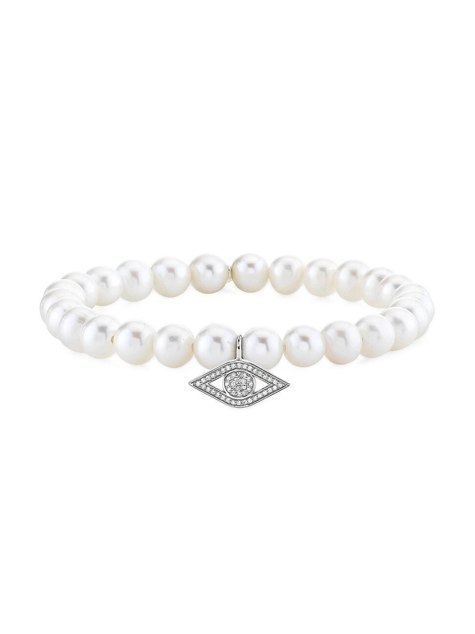 Womens Small 14K White Gold, Freshwater Pearl & 0.15 TCW Diamond Evil Eye Stretch Bracelet Product Image