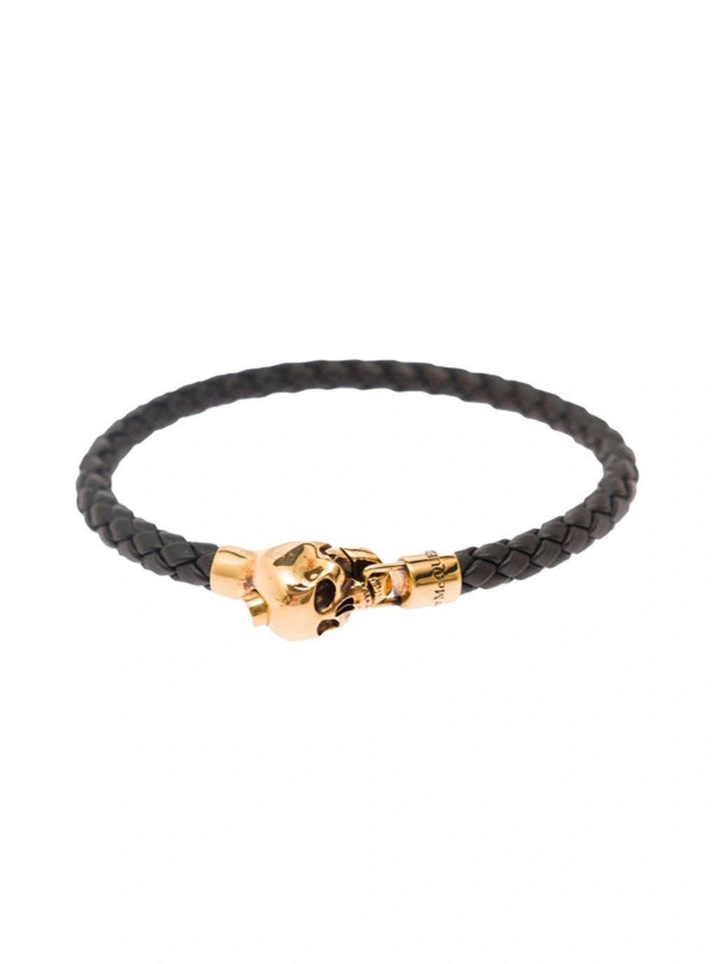 Black Braided Leather Bracelet With Skull Detail In Brass Man Product Image