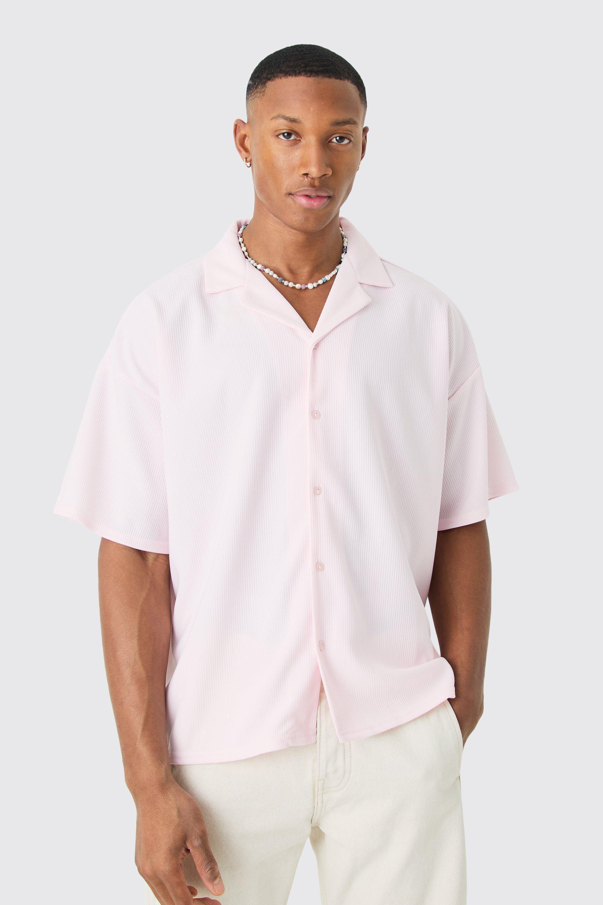 Mens Pink Short Sleeve Ribbed Boxy Shirt, Pink Product Image