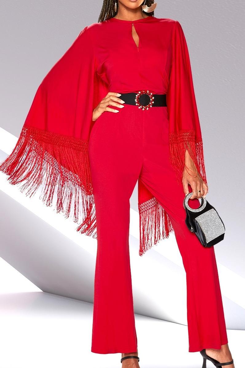 Red Jumpsuit with Fringe Cape Product Image