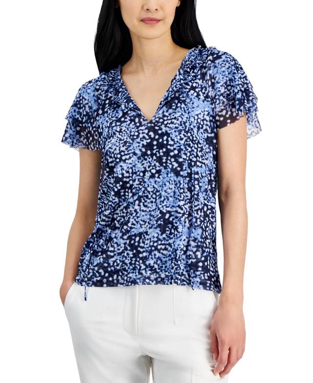 Anne Klein Womens Printed Mesh Flutter-Sleeve Top - Dst Mt Product Image