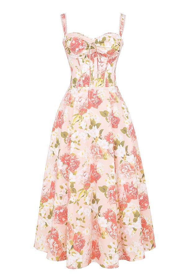 Rosalee Pink Peony Print Cotton Bustier Sundress Product Image