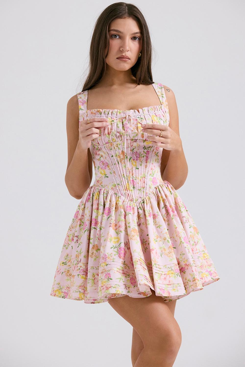 Natassia Pink Meadow Print Cotton Mini Dress Product Image