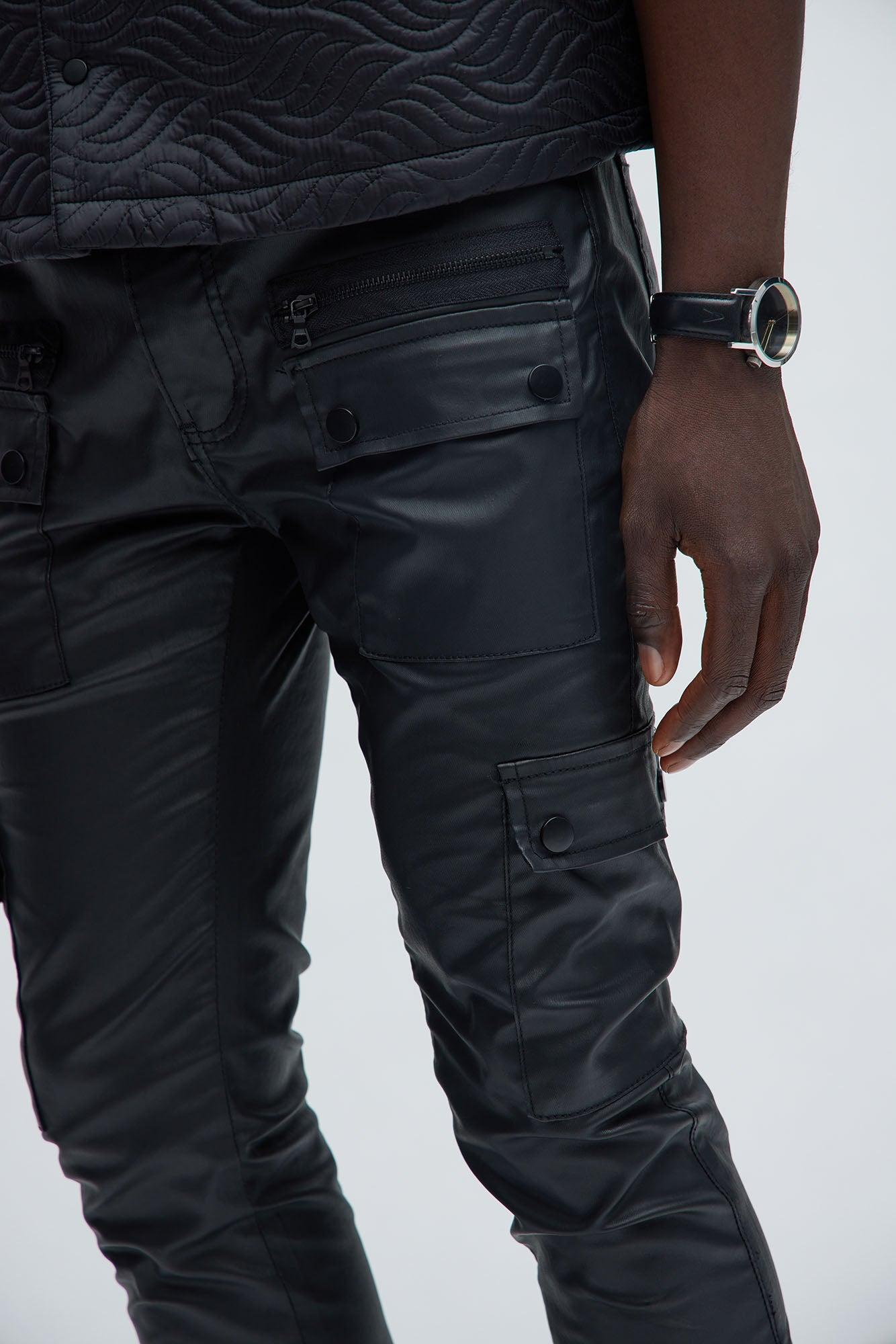 On The Verge Waxed Cargo Zipper Flare Pants - Black Product Image