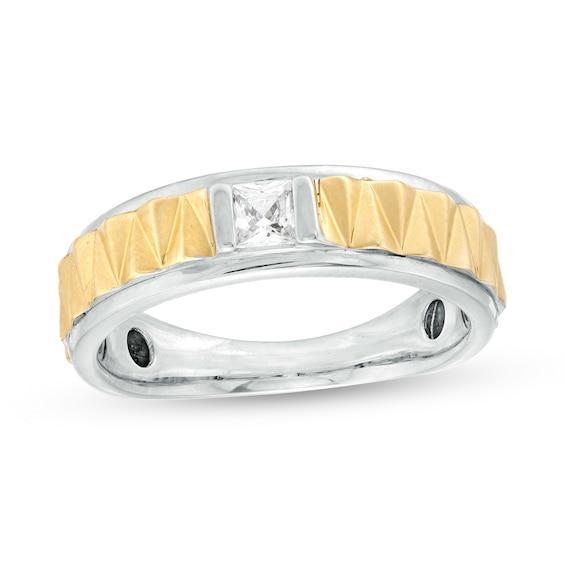 Men's 1/4 CT. T.w. Square-Cut Diamond Solitaire Alternating Triangle Wedding Band in 10K Two-Tone Gold Product Image