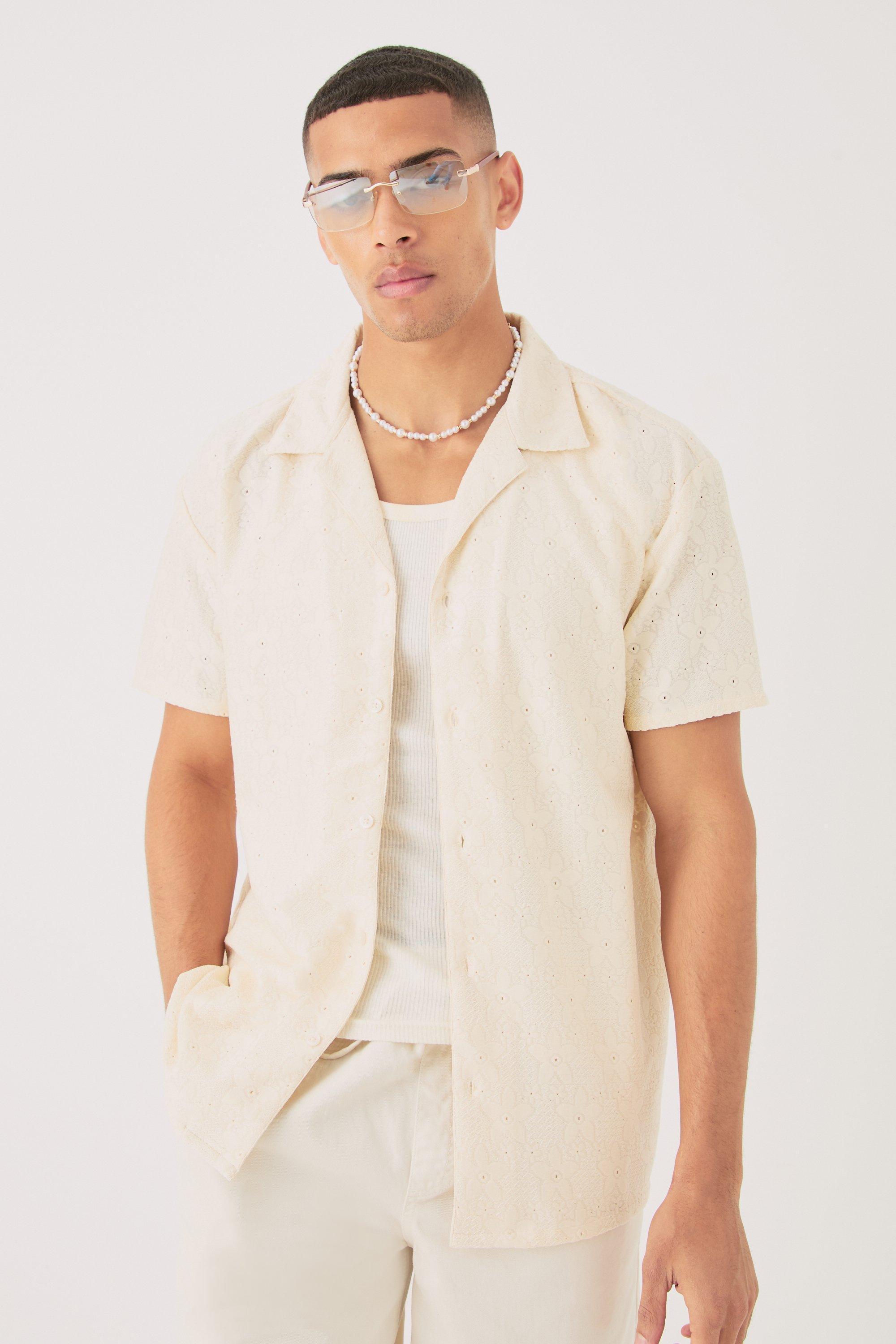 Mens Cream Oversized Flower Open Stitch Shirt, Cream Product Image