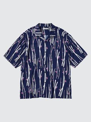 Mens Printed Open Collar Short-Sleeve Shirt (Japanese Auspicious Symbol) Navy Large UNIQLO US Product Image