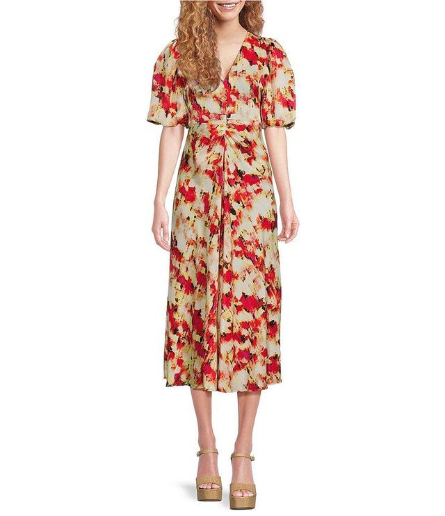 DKNY Printed Satin V-Neck Sleeveless Dress Product Image