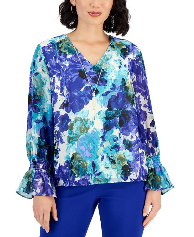 Jm Collection Plus Size Caludette Rose Smocked-Sleeve Necklace Top, Created for Macys Product Image