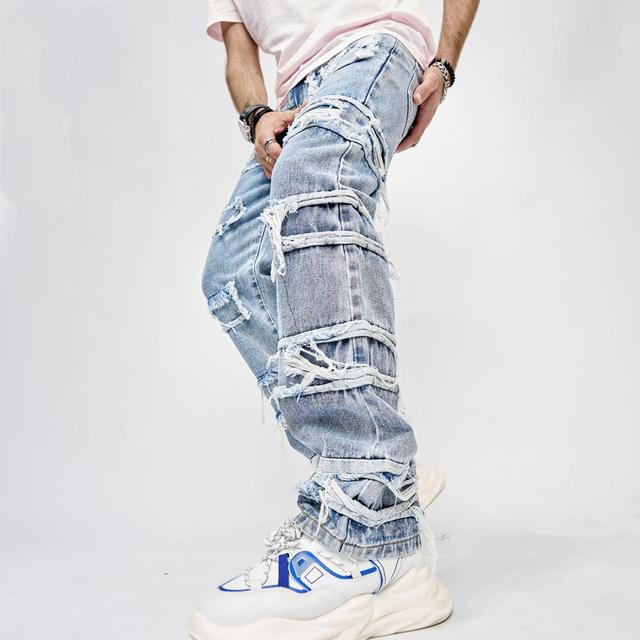 Men's Boyfriend Street Denim Raw Edge High Street Jeans Product Image